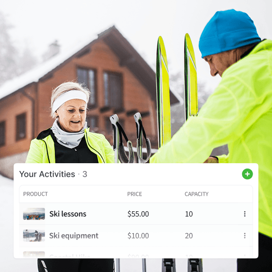 Older woman preparing cross-country skis with a younger male ski instructor outside a wooden cabin on a snowy day.