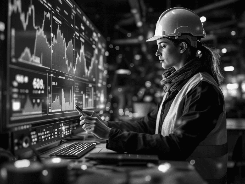 A female engineer wearing a safety helmet and vest is looking at a large screen displaying stock market data.
