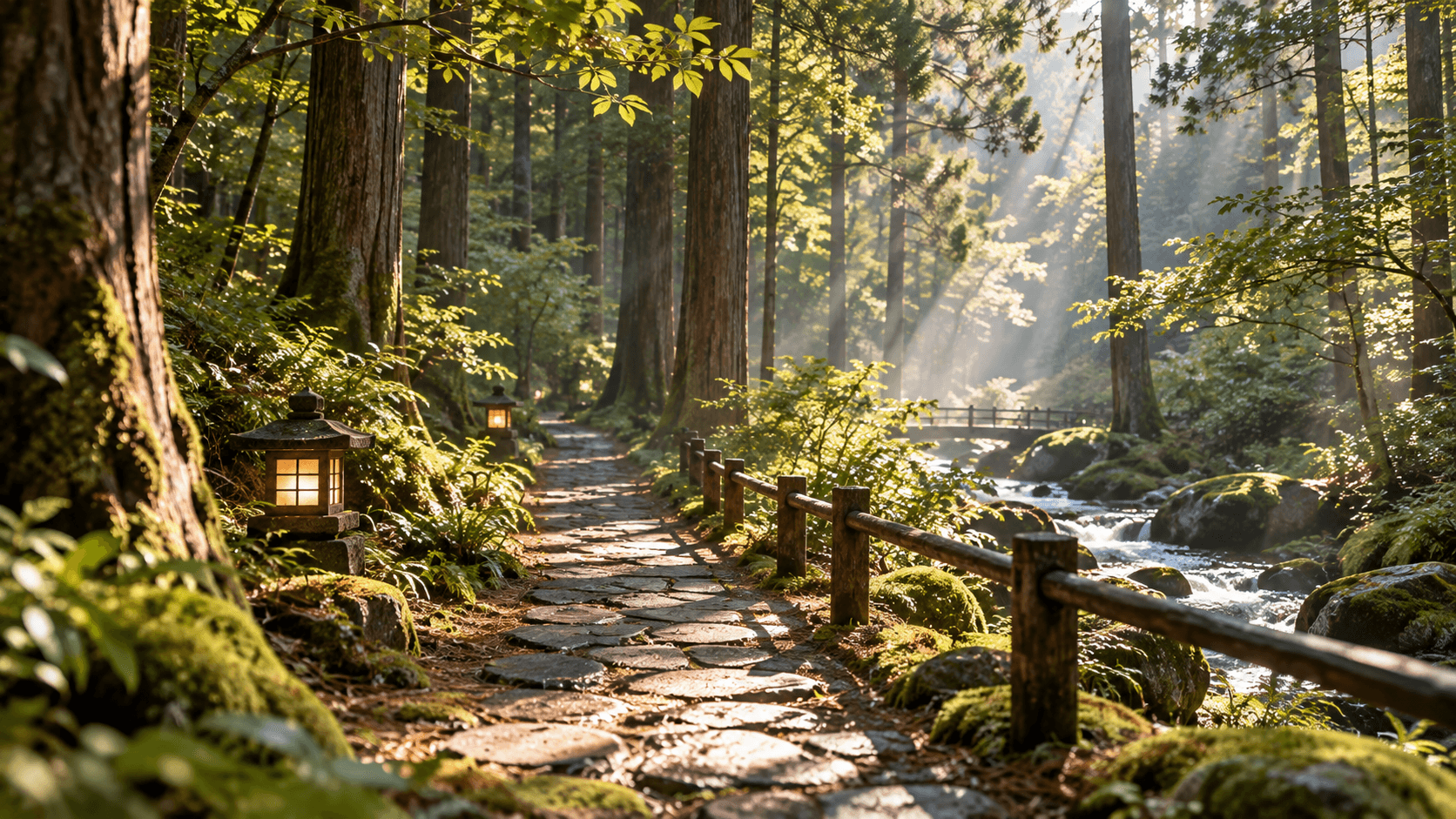 A stone path through tall cedars, lit by stone lanterns beside a forest stream