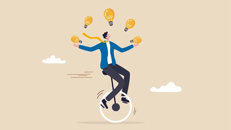 Illustration of a person on a unicycle, juggling five lightbulbs in the air.