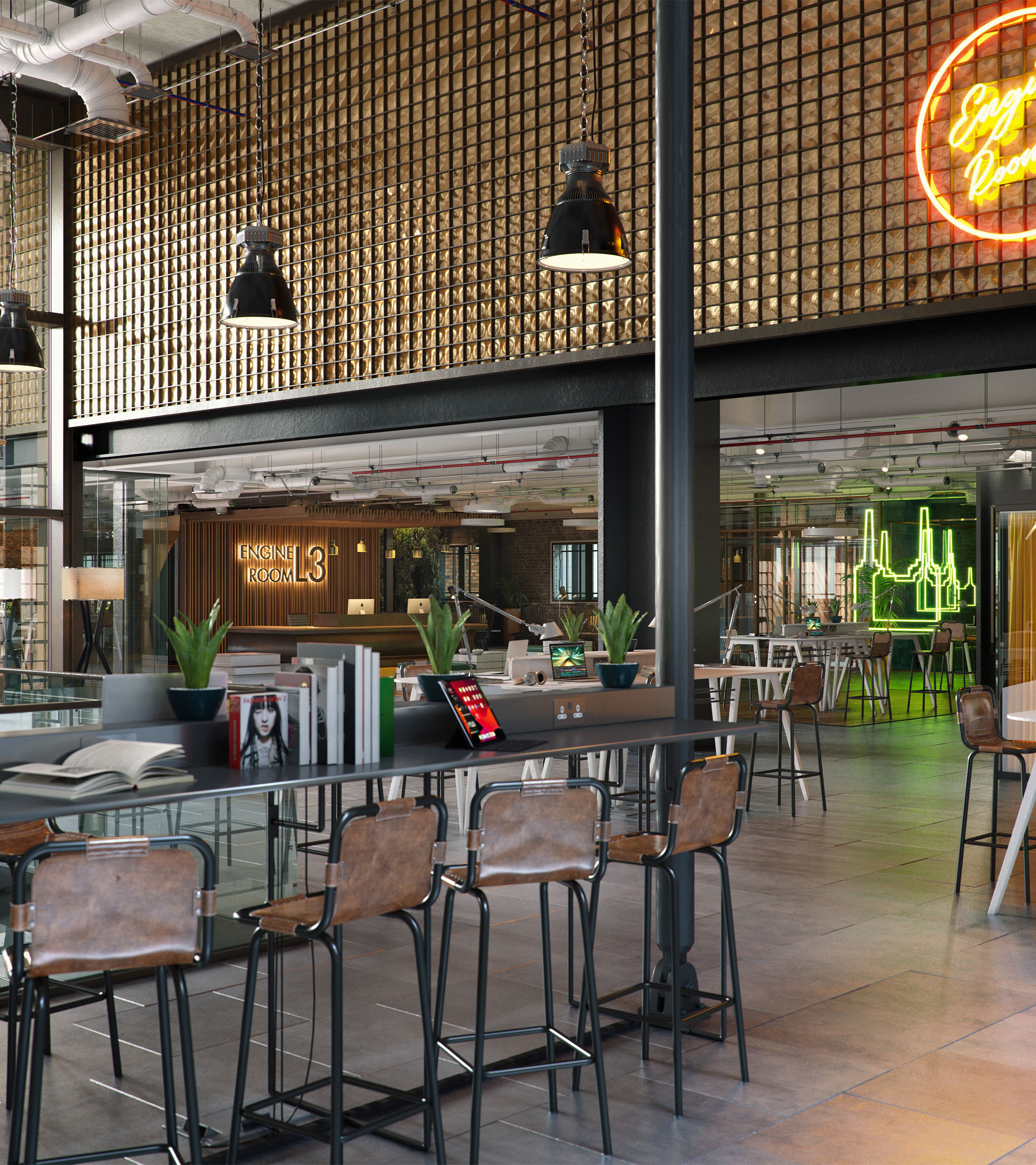 Photorealistic architectural render of modern office space