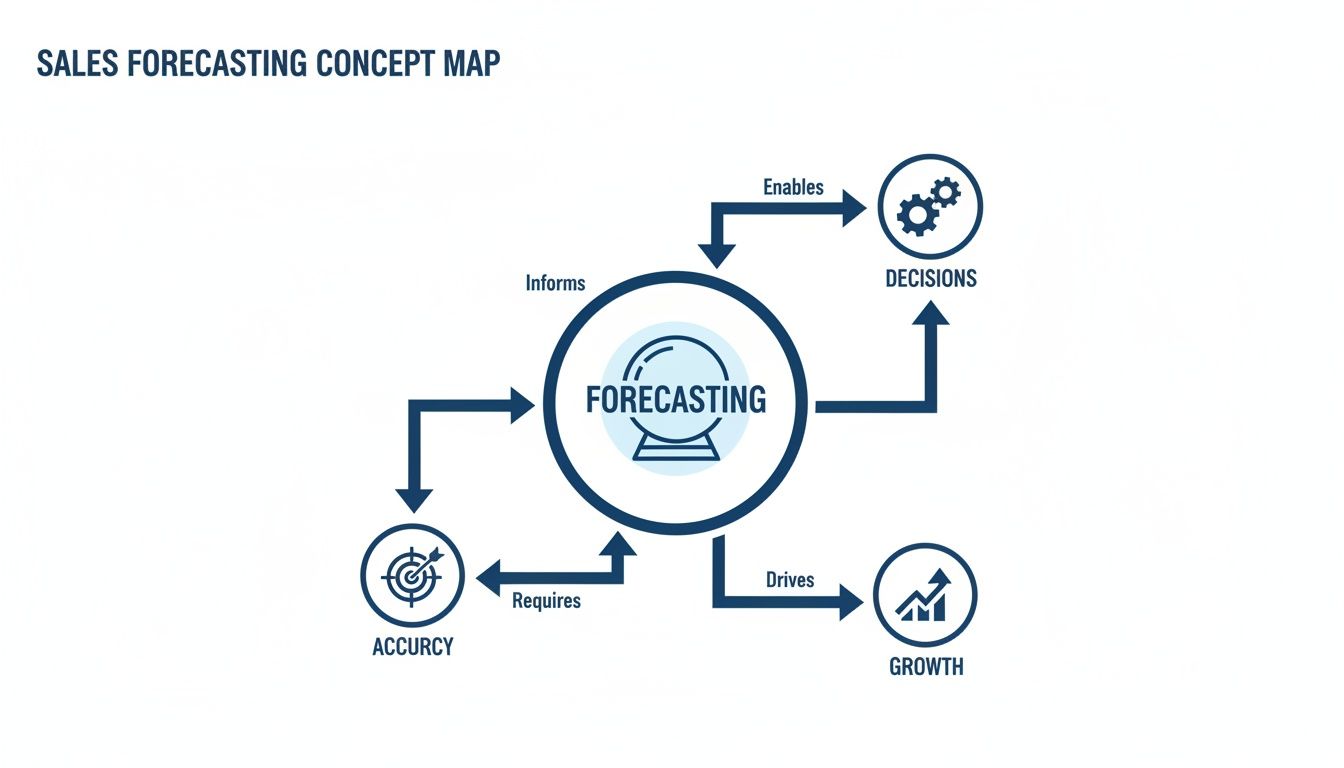 A sales forecasting concept map illustrating its connections to decisions, growth, and accuracy.