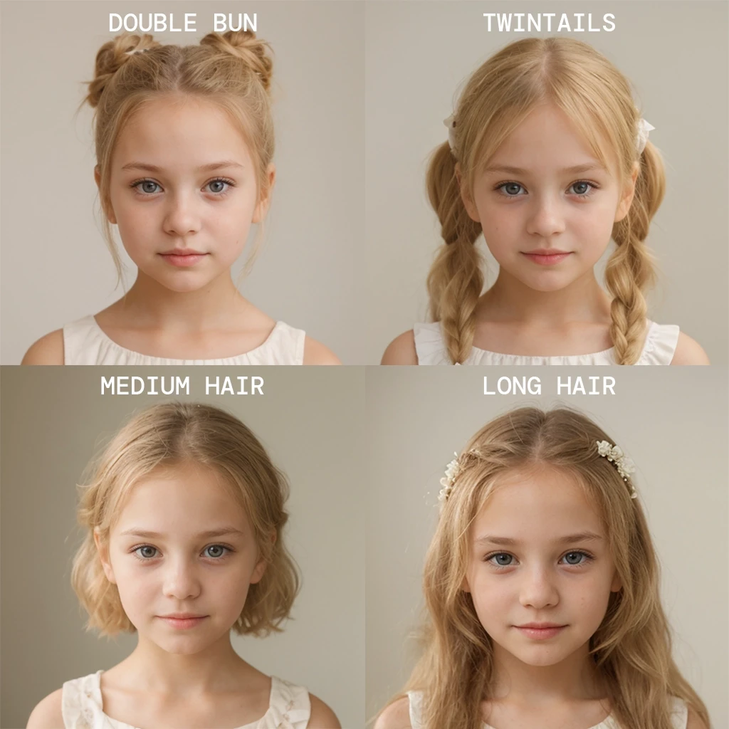 Four women collage different hairstyles from double bun, twintails ponytails, medium and long hair. Modiqlo. Ai Fashion Model