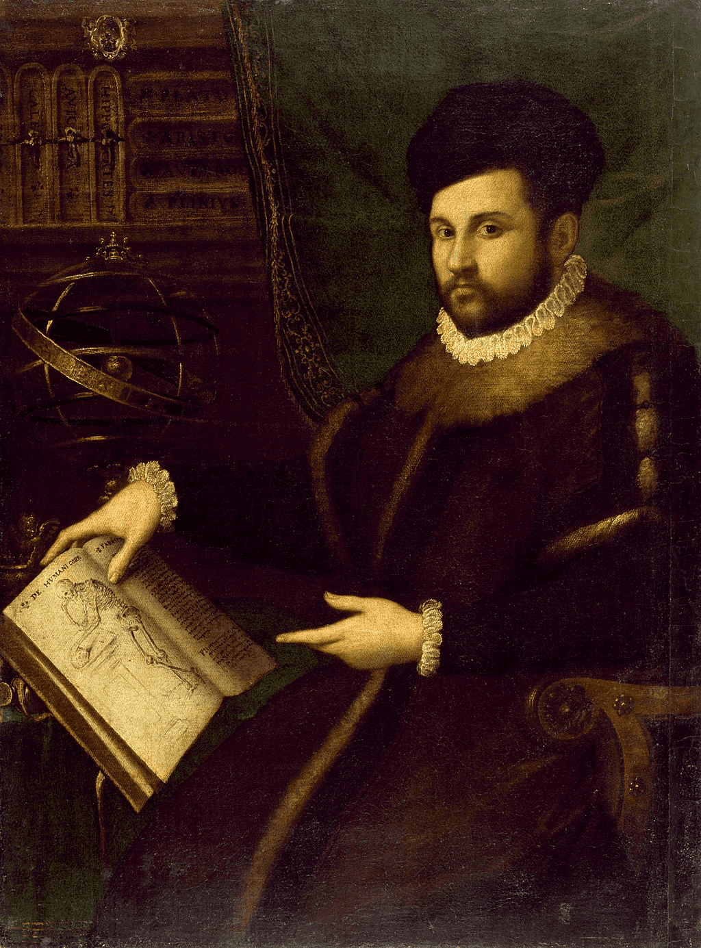 Portrait of a man in historical clothing, holding a book, with a library backdrop.