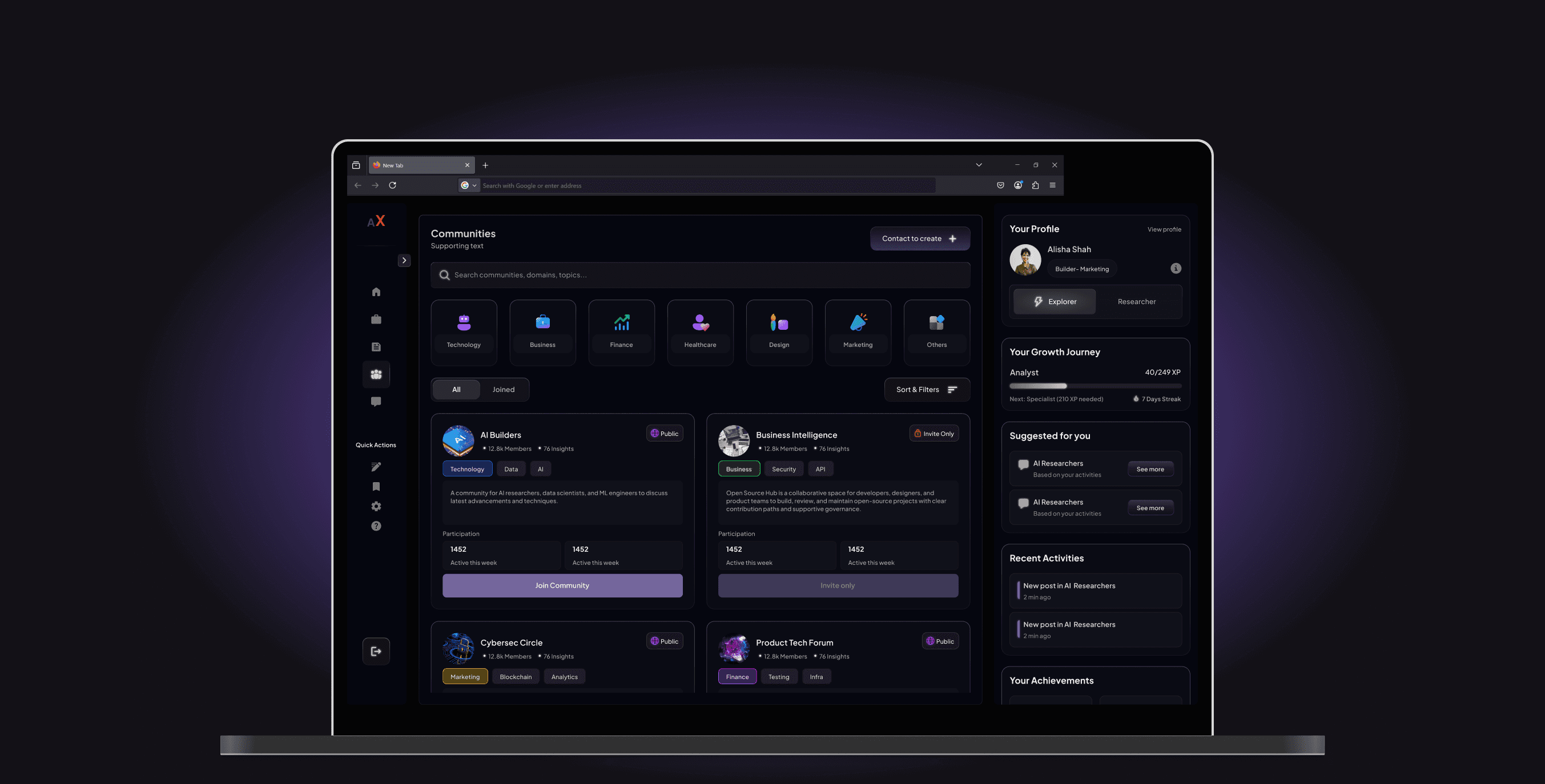 SaaS dashboard UI designed for research focused platform