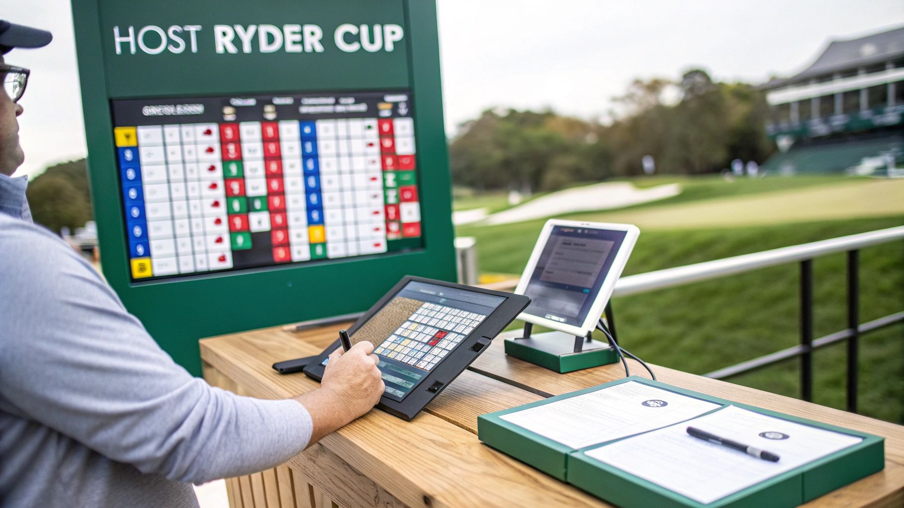 A person updates golf scores on a tablet, mirroring a large digital screen at the Ryder Cup event.