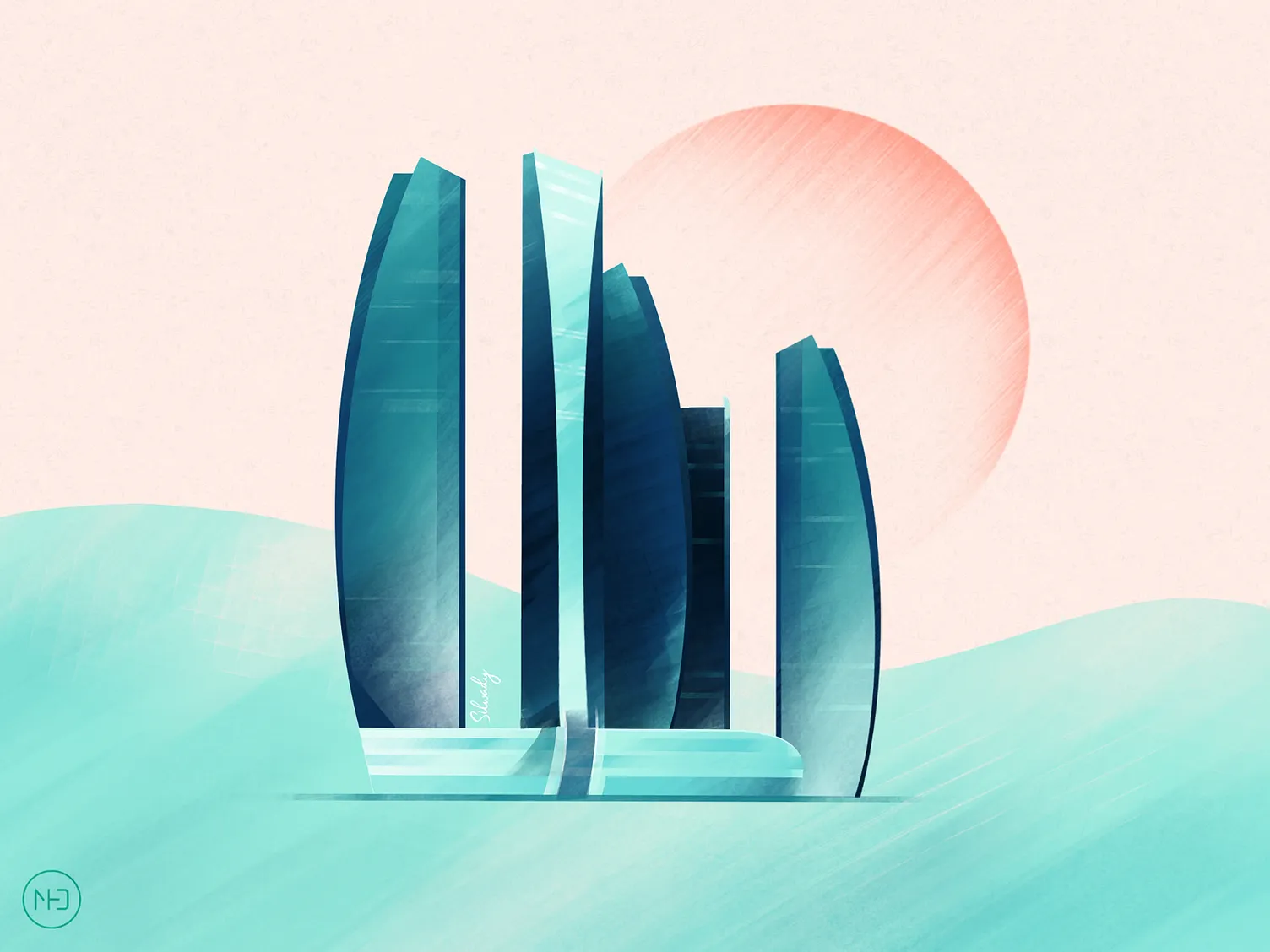 illustration of modern Dubai skyscrapers in teal and mint tones by Mohamad Silwady