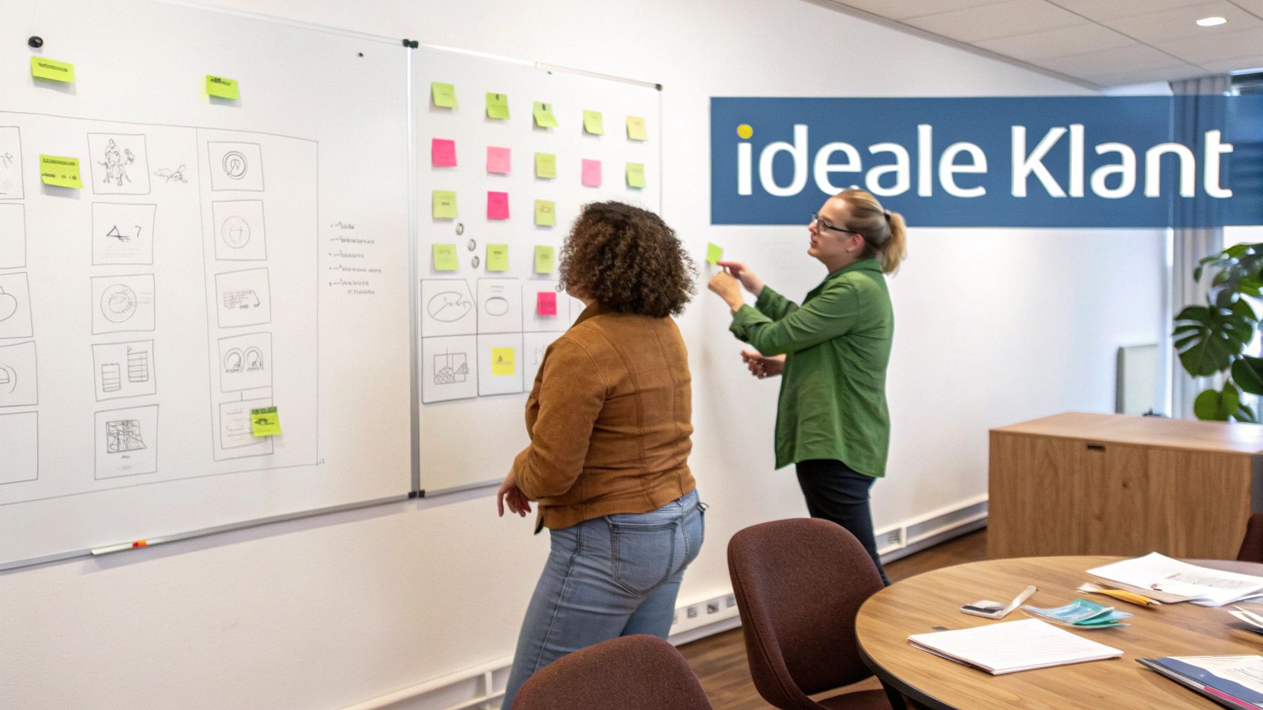 Een team dat samenwerkt aan een buyer persona op een whiteboard