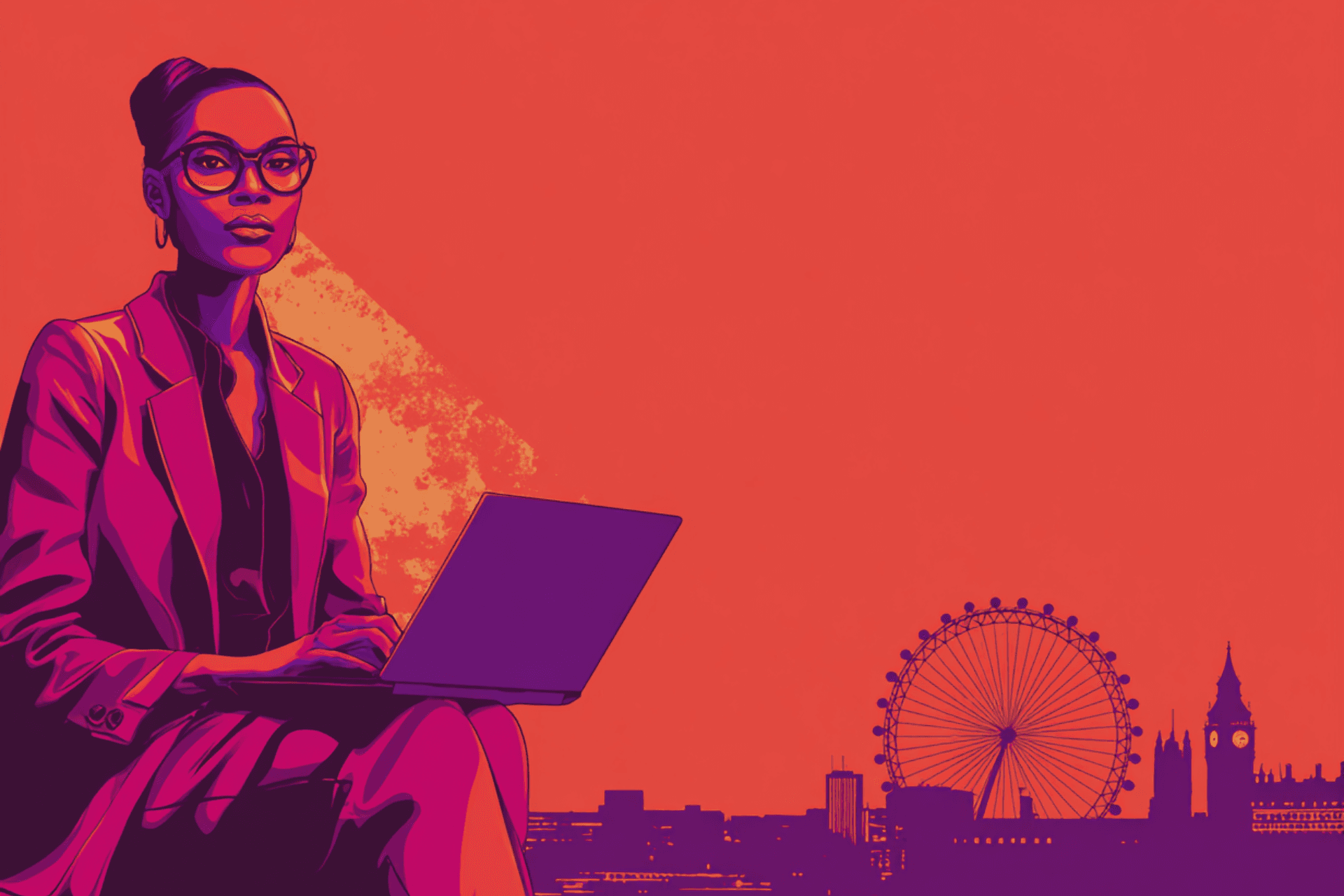 A person wearing glasses and a dark sweater sits at a desk, smiling and giving a thumbs up, with a laptop open in front of them, and a framed abstract painting hanging on the wall behind.