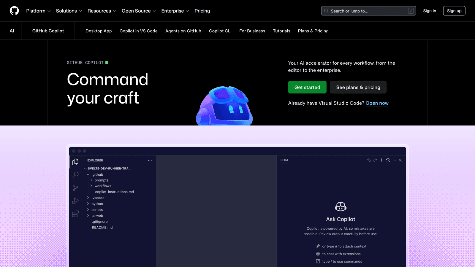GitHub Copilot homepage with the Command your craft hero and VS Code chat panel