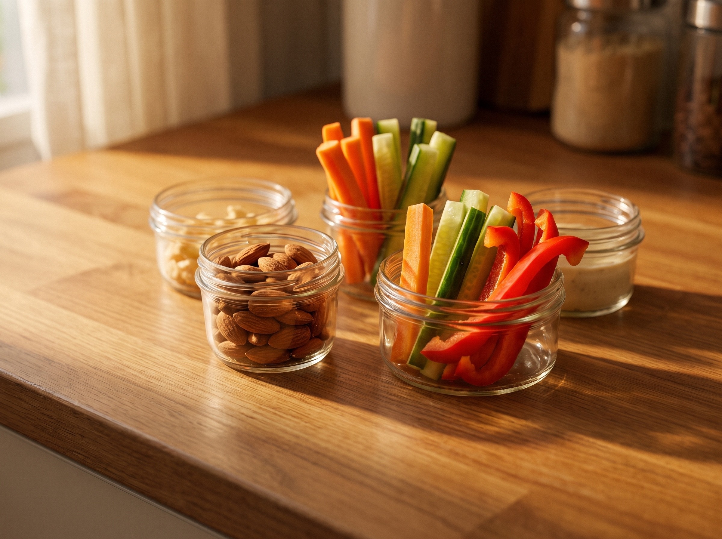 Kleine Glasbehälter mit vorbereiteten kalorienarmen Snacks wie Nüssen und Gemüsesticks auf einer Holzarbeitsplatte