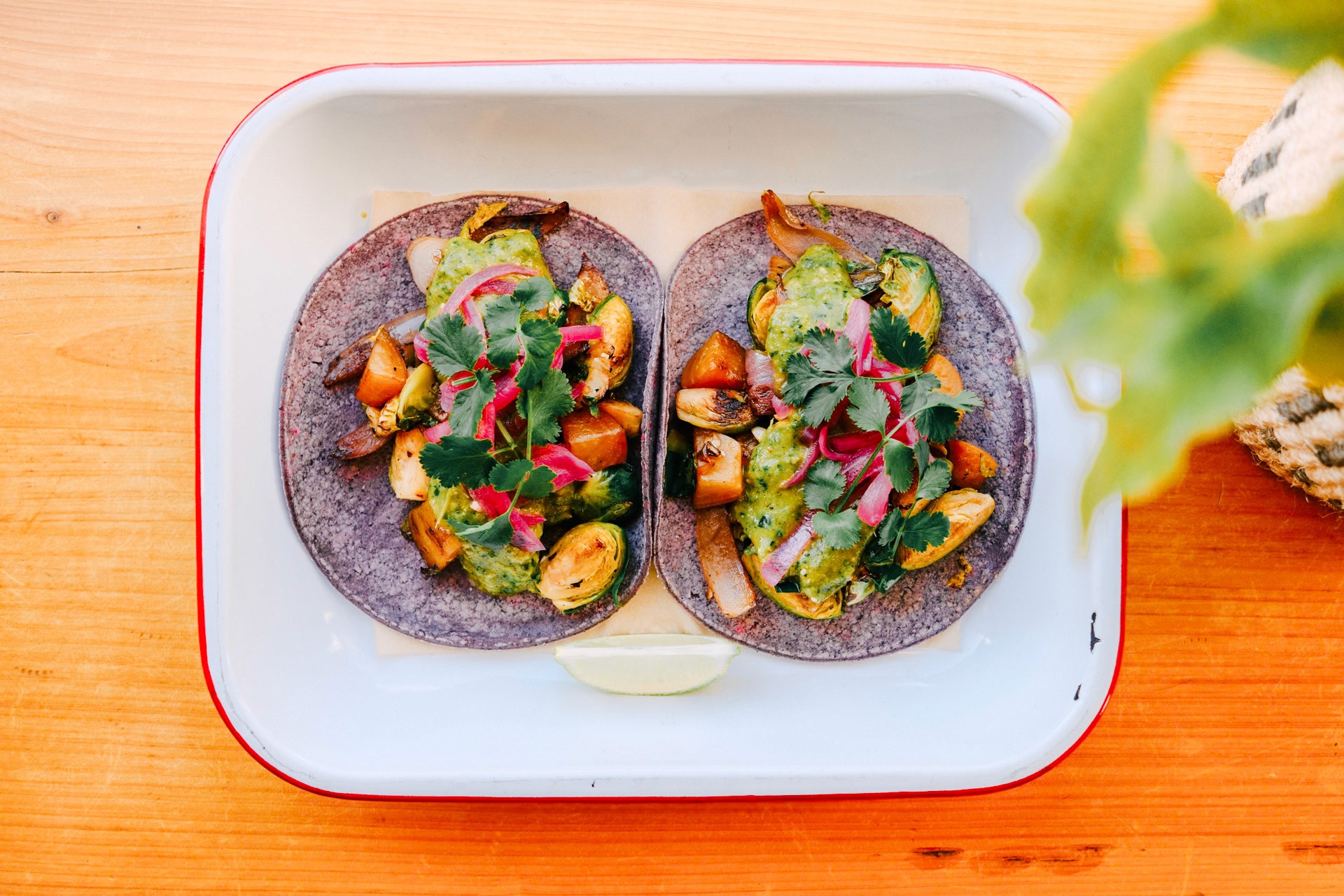 Two tacos on blue corn tortillas in a white enamel tray, topped with roasted vegetables and green salsa.