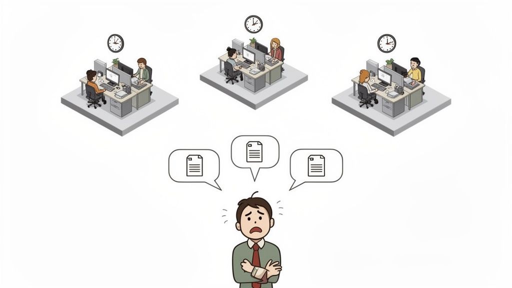 A confused man is overwhelmed by multiple document tasks from three different work groups, symbolizing complex cross-departmental workflow.