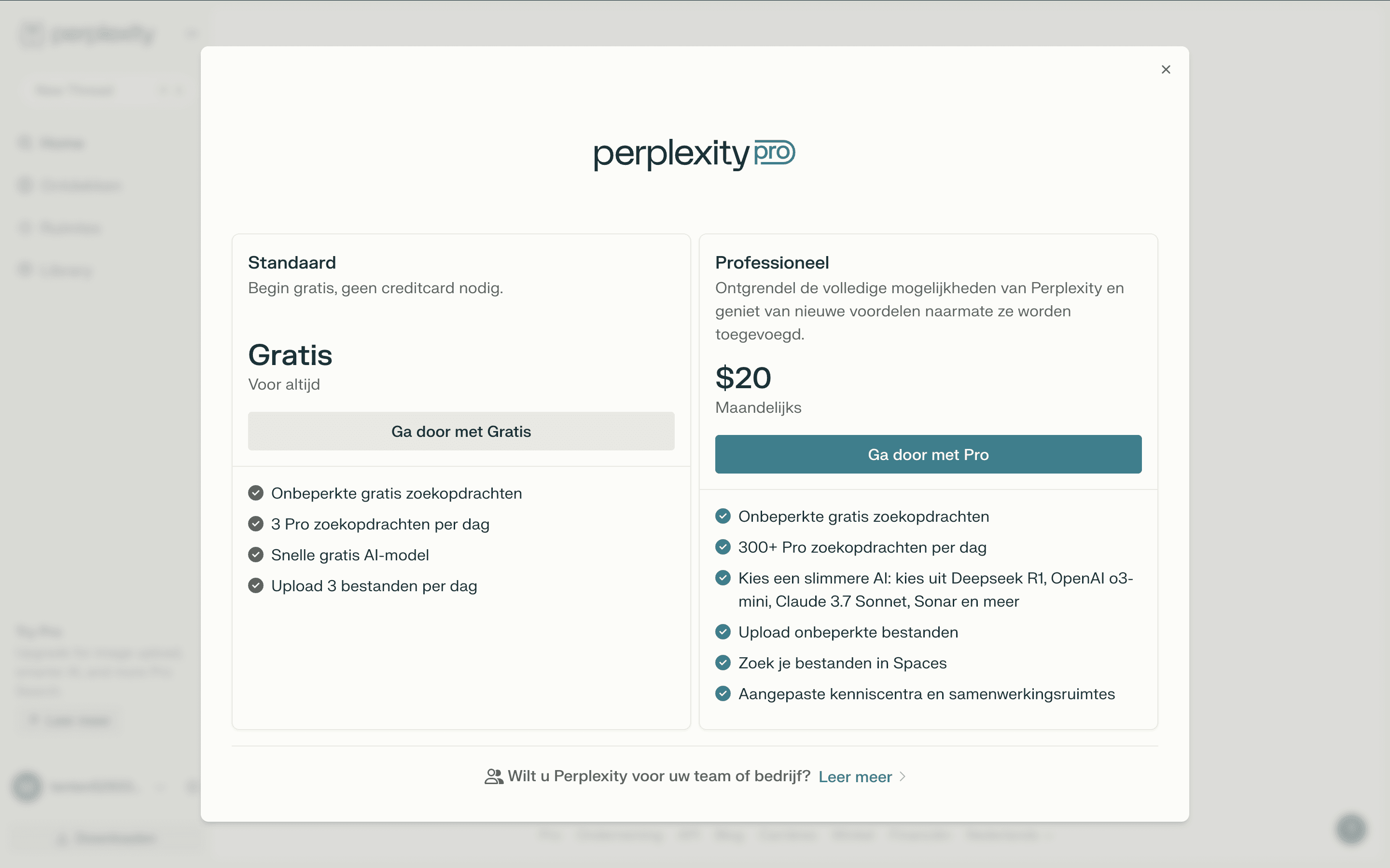 Screenshot van de prijzen en abonnementen van Perplexity