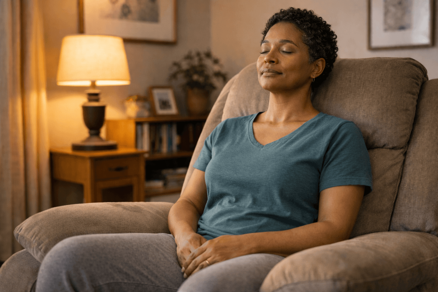 Mindfulness practice for chronic pain in Chicago, showing a woman meditating comfortably at home as part of physical therapy care.