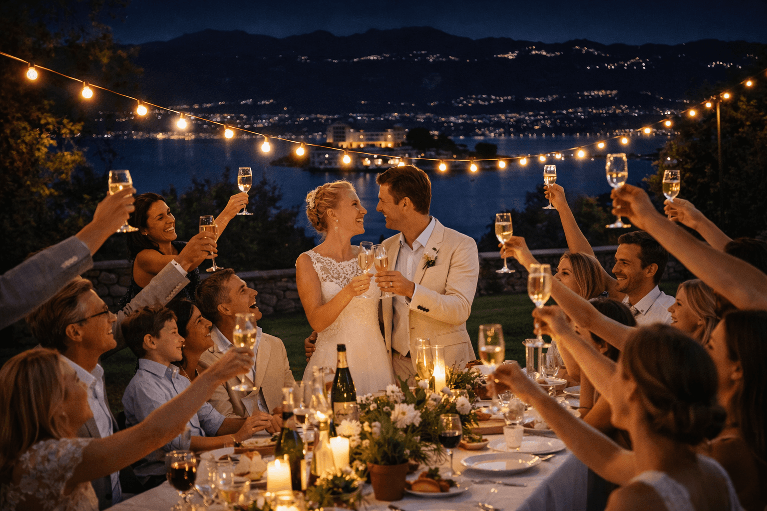 Ricevimento di matrimonio esclusivo sul Lago d’Orta con banqueting e tavolo imperiale nel giardino di Palazzo Gemelli, brindisi degli sposi e vista sull’Isola di San Giulio illuminata.