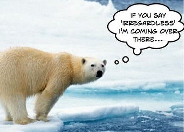polar bear on iceberg, threatening to come over there if you say irregardless