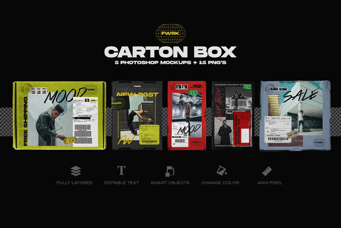 Carton box delivery mockups full set preview showing multiple cardboard shipping boxes