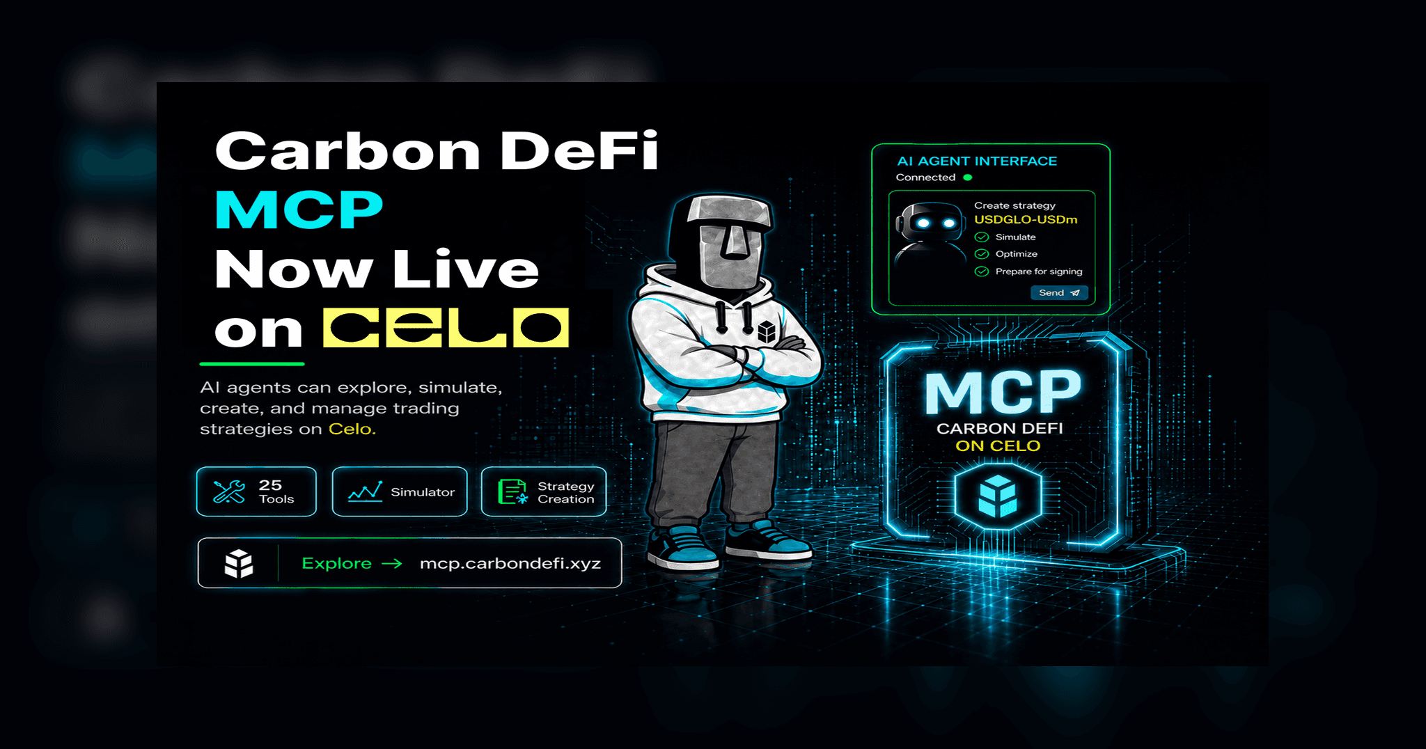 crypto, cryptocurrency, defi, decentralized finance, blockchain, blockchain technology, onchain, onchain trading, AI, AI agents, Celo, MCP, MCP server, backtest, trading, trading strategy, liquidity, liquidity provider, dex, decentralized exchange
