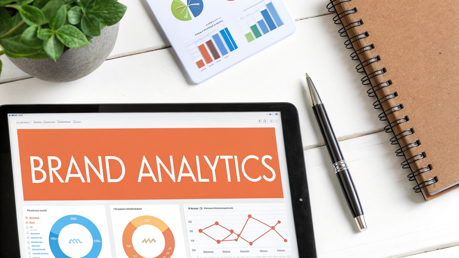 Overhead view of a tablet displaying 'BRAND ANALYTICS' on a white desk with charts, a pen, and a plant.
