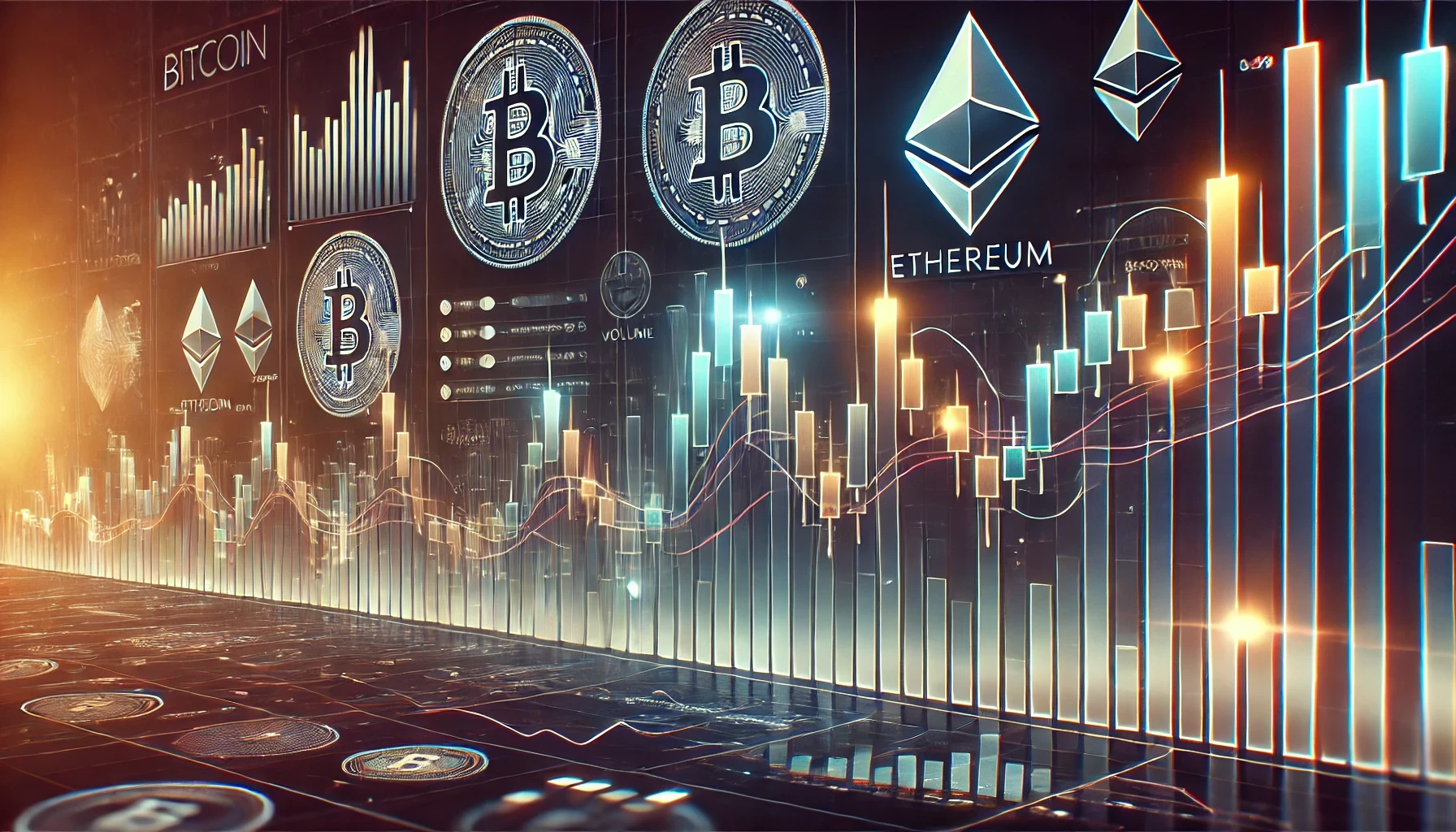 16:9 digital illustration of candlestick charts for major cryptocurrencies, featuring moving averages and volume bars with a sleek, professional design.