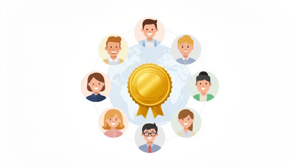 A golden award medal over a globe, surrounded by eight diverse smiling person icons.