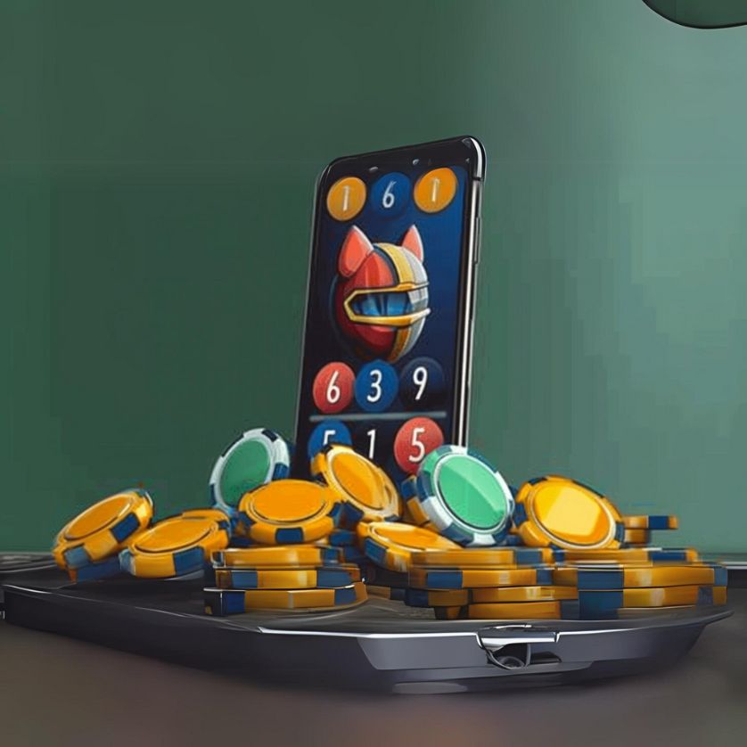 Robot and smartphone surrounded by scattered poker chips, symbolizing the convergence of gaming and technology.