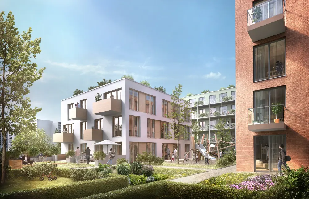 Isometrische Zeichnung eines Bauprojekts mit mehreren Gebäuden und markierten Strukturen in Rot