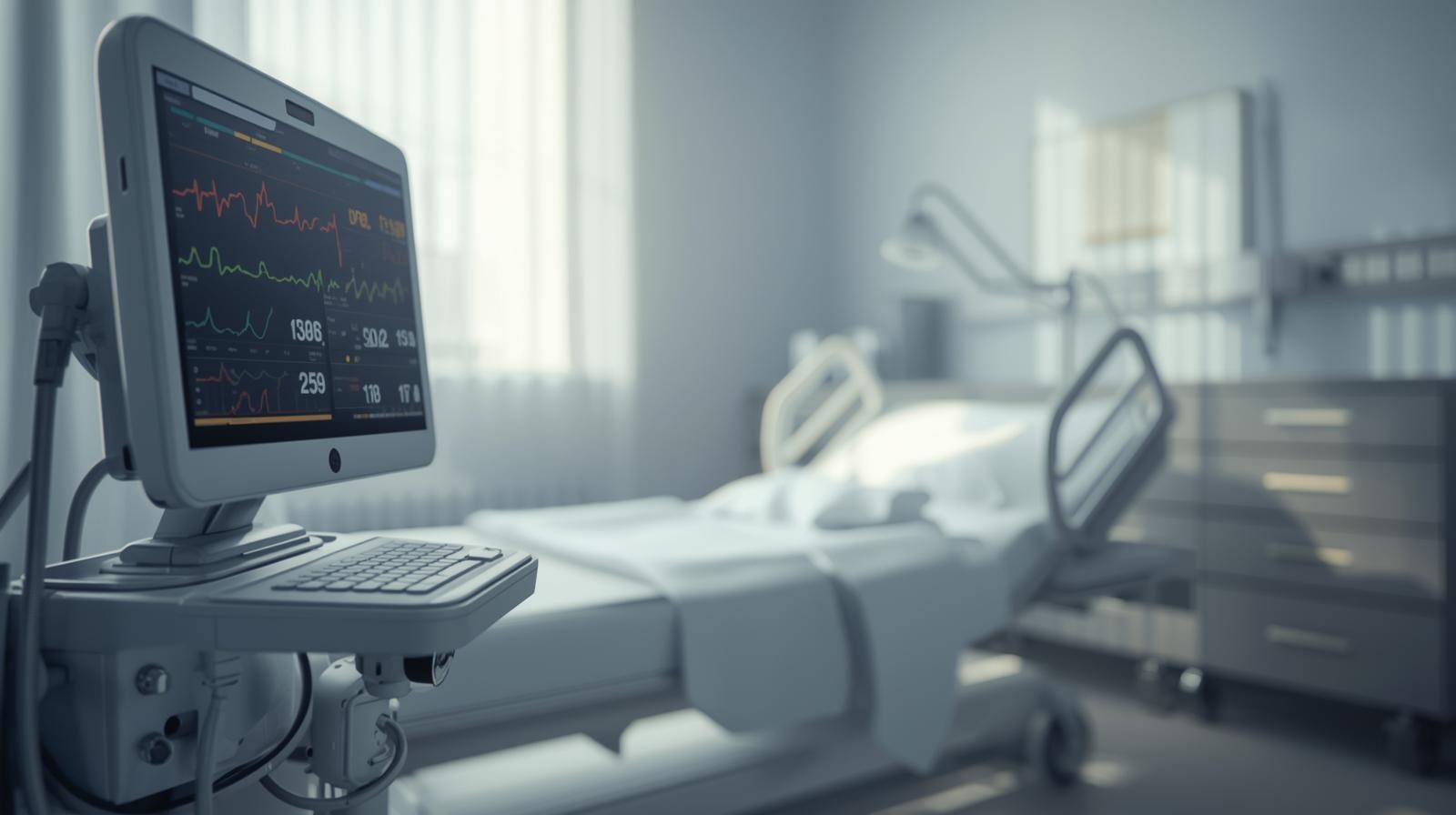 Modern medical exam room featuring a digital vital signs monitor and minimal equipment in bright lighting.