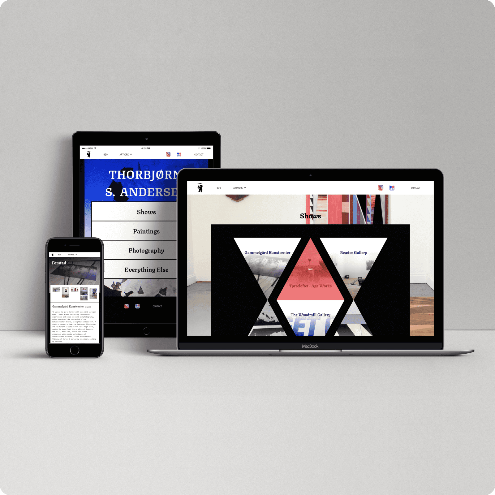 A mockup of the artist website across 3 devices