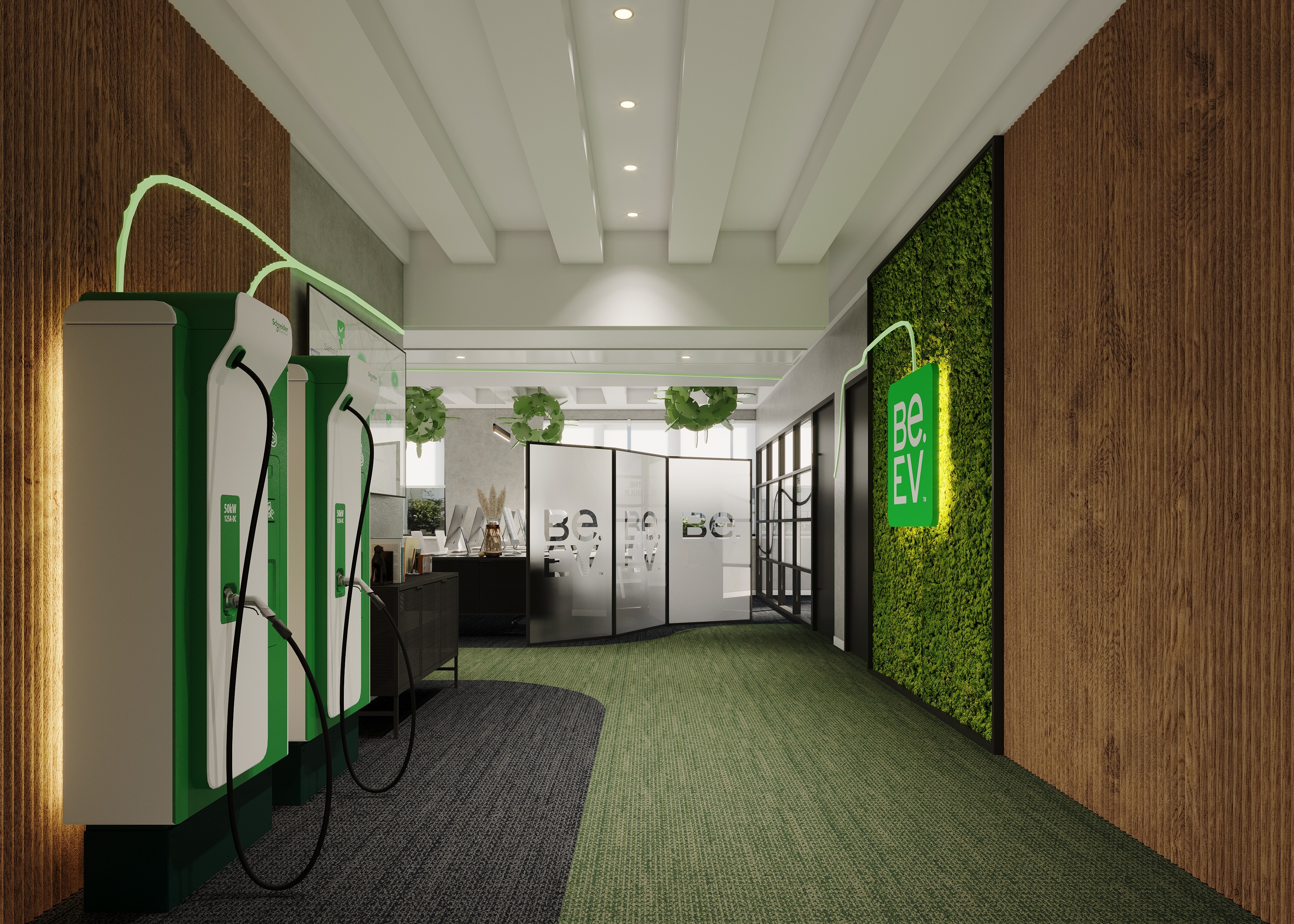 Welcome lobby for modern office with feature green wall and corporate branding