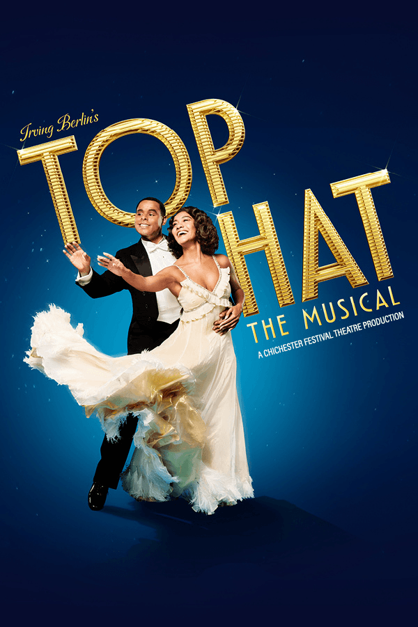 Dancers in formal attire performing for "Top Hat" musical.