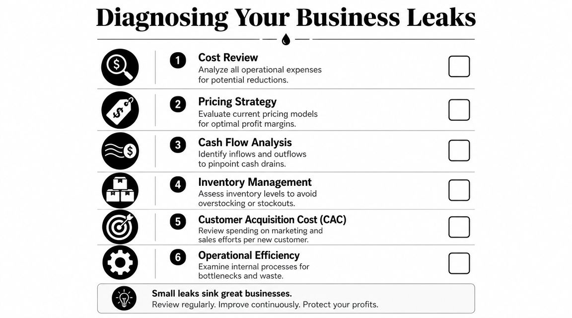 A checklist infographic titled Diagnosing Your Business Leaks, listing six strategic areas to improve company profitability.