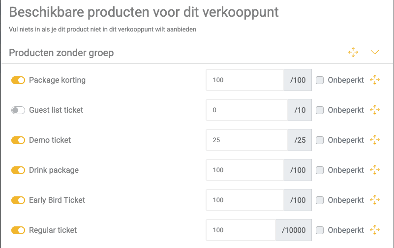 Beschikbare producten en ticketlimieten voor een verkooppunt
