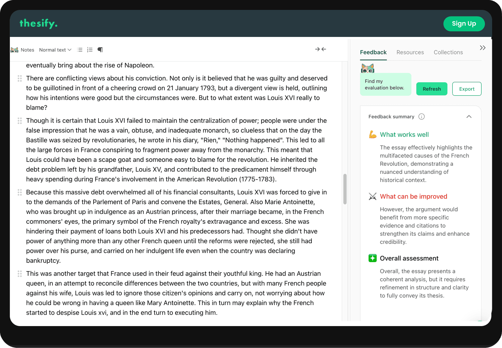 screenshot of thesify's feedback summary