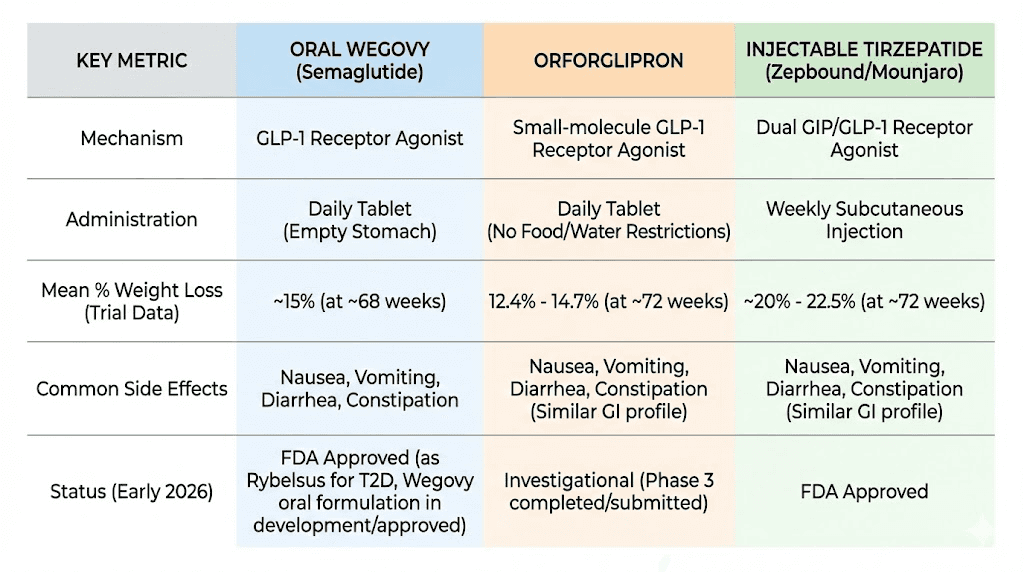 Comparison of oral Wegovy, orforglipron, and injectable tirzepatide for weight loss