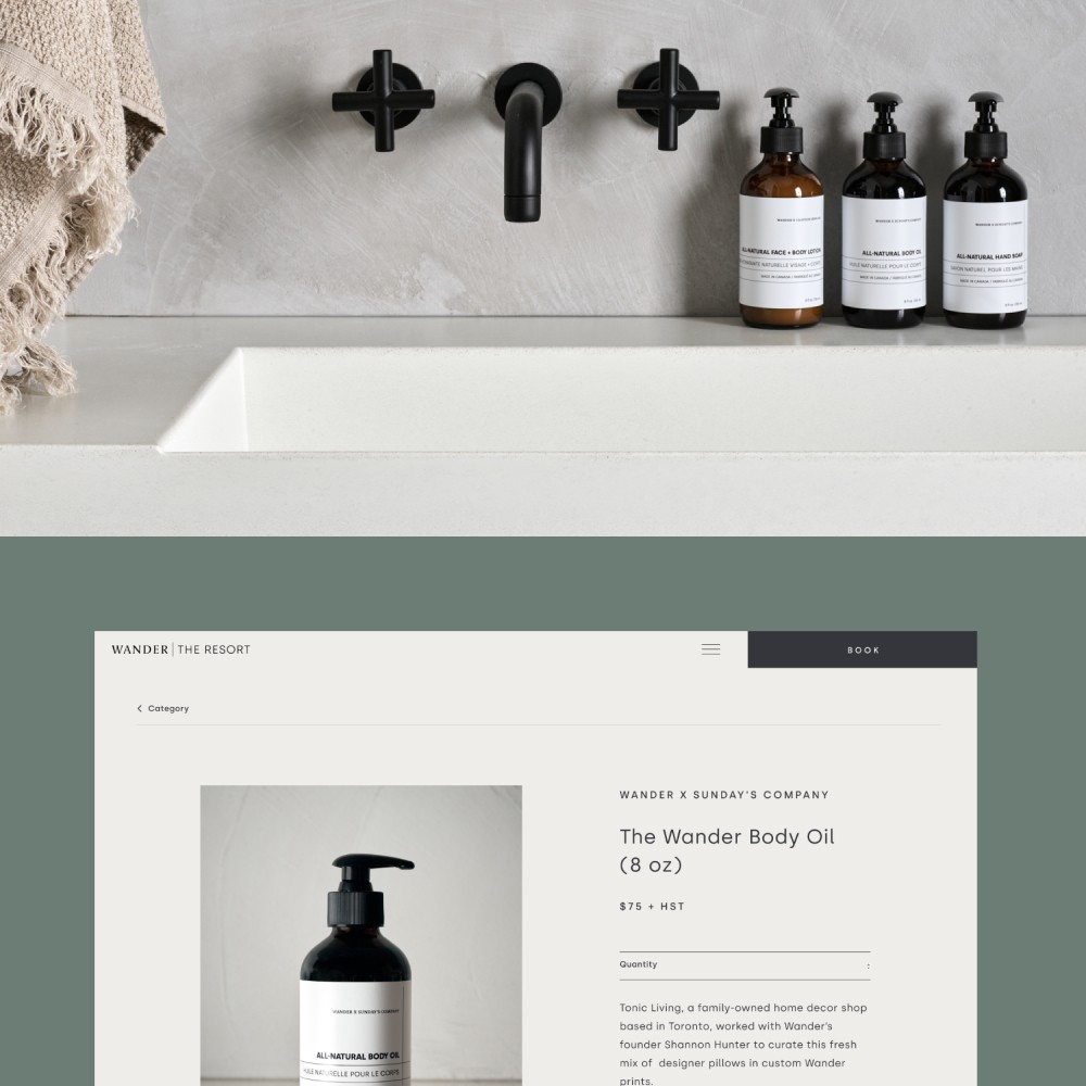 E-commerce website design for Wander, featuring a clean product listing of natural body oil bottles placed beside a modern bathroom sink with textured wall details.