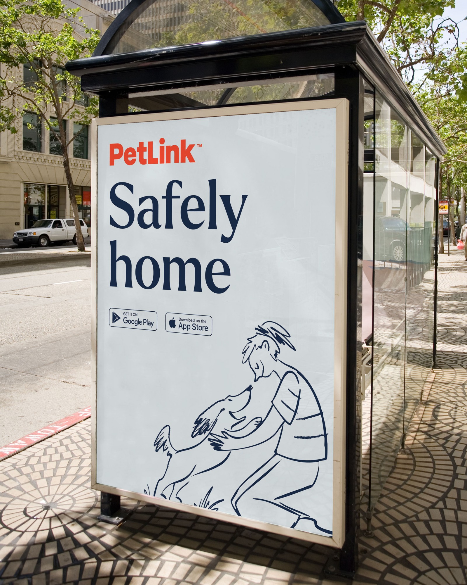 City light mockup with an illustrated girl hugging a dog and a title "Safely home"