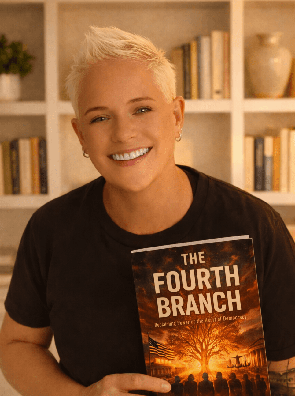 Smiling author holding "The Fourth Branch: Reclaiming Power at the Heart of Democracy" in front of bookshelves.