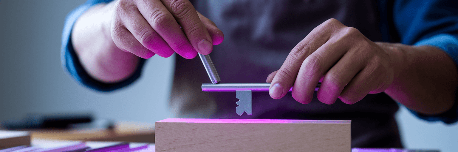 Artisan carving a glowing purple key.