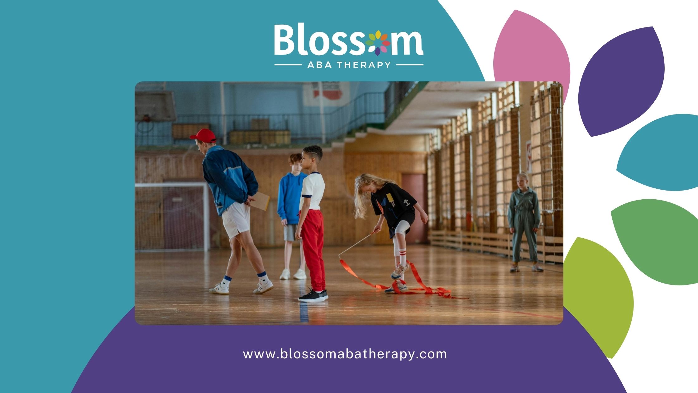 Autistic children in gymnasium practicing rhythmic gymnastics with coach supervising in Virginia.