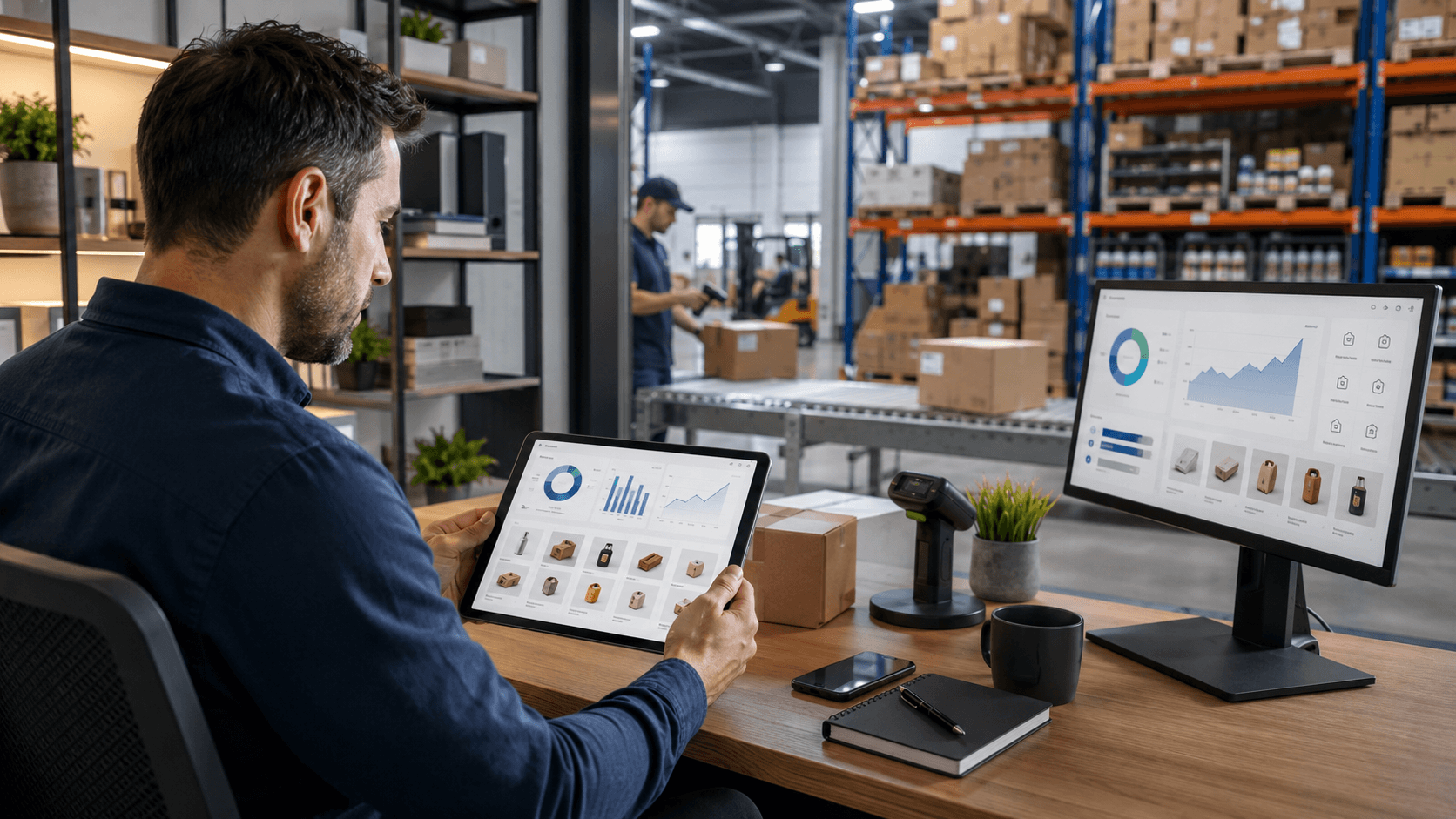 Profissional analisa indicadores de vendas online em um tablet, enquanto um centro de distribuição organizado opera ao fundo com estoque, caixas, leitores de código de barras e painéis digitais de gestão.