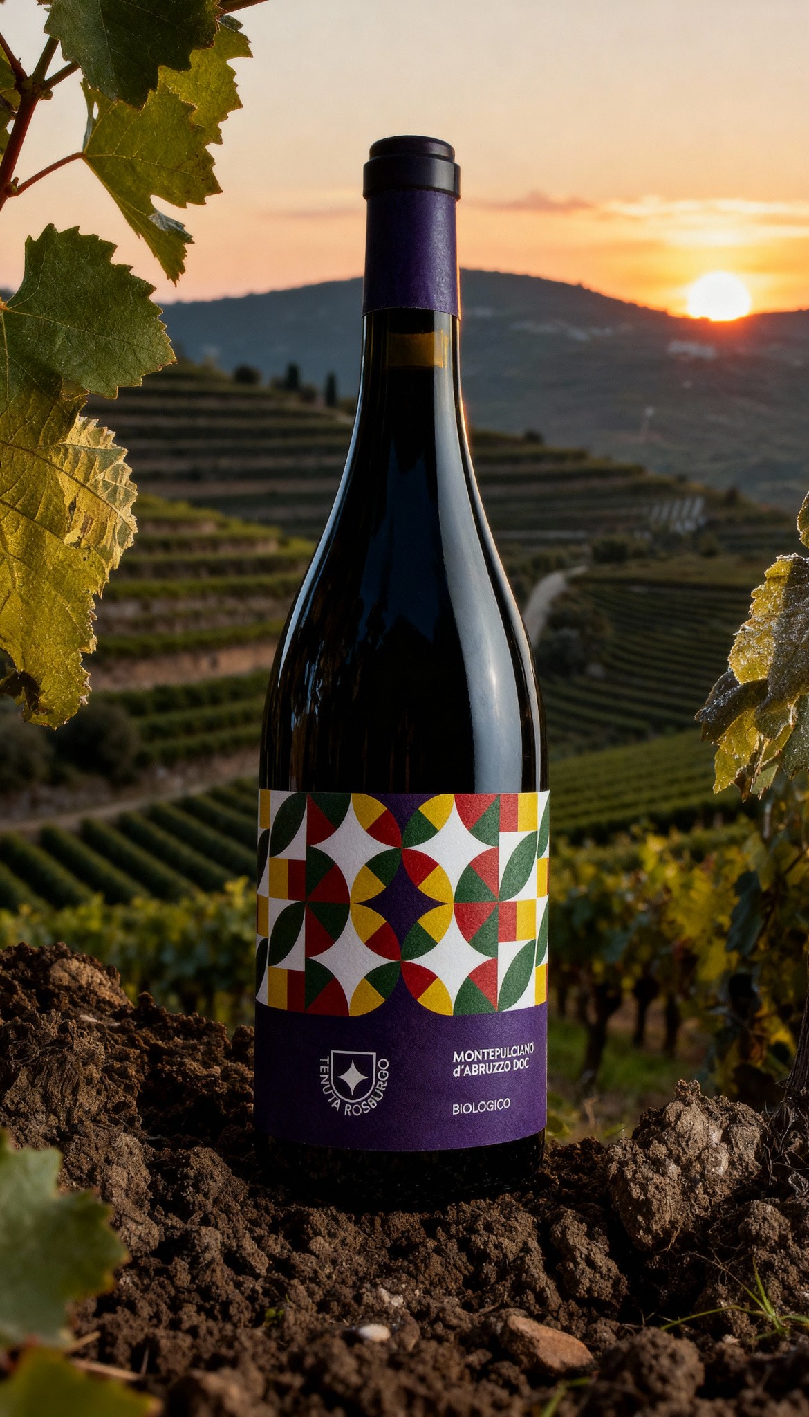 AI-generated product visual of Tenuta Rosburgo wine bottle in Italian vineyard landscape during golden hour, created by Myrovia Labs. AI visual production for luxury wine and beverage brands.