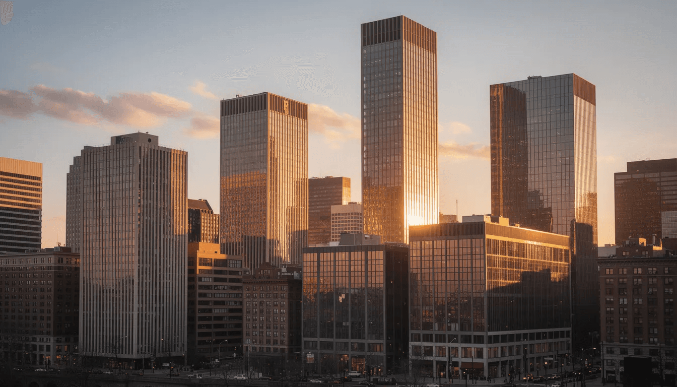 The image depicts a modern financial district skyline, characterized by sleek glass towers that beautifully reflect the warm hues of the sunset. This vibrant scene symbolizes the dynamic nature of alternative investments and the evolving landscape of financial assets in today's market.