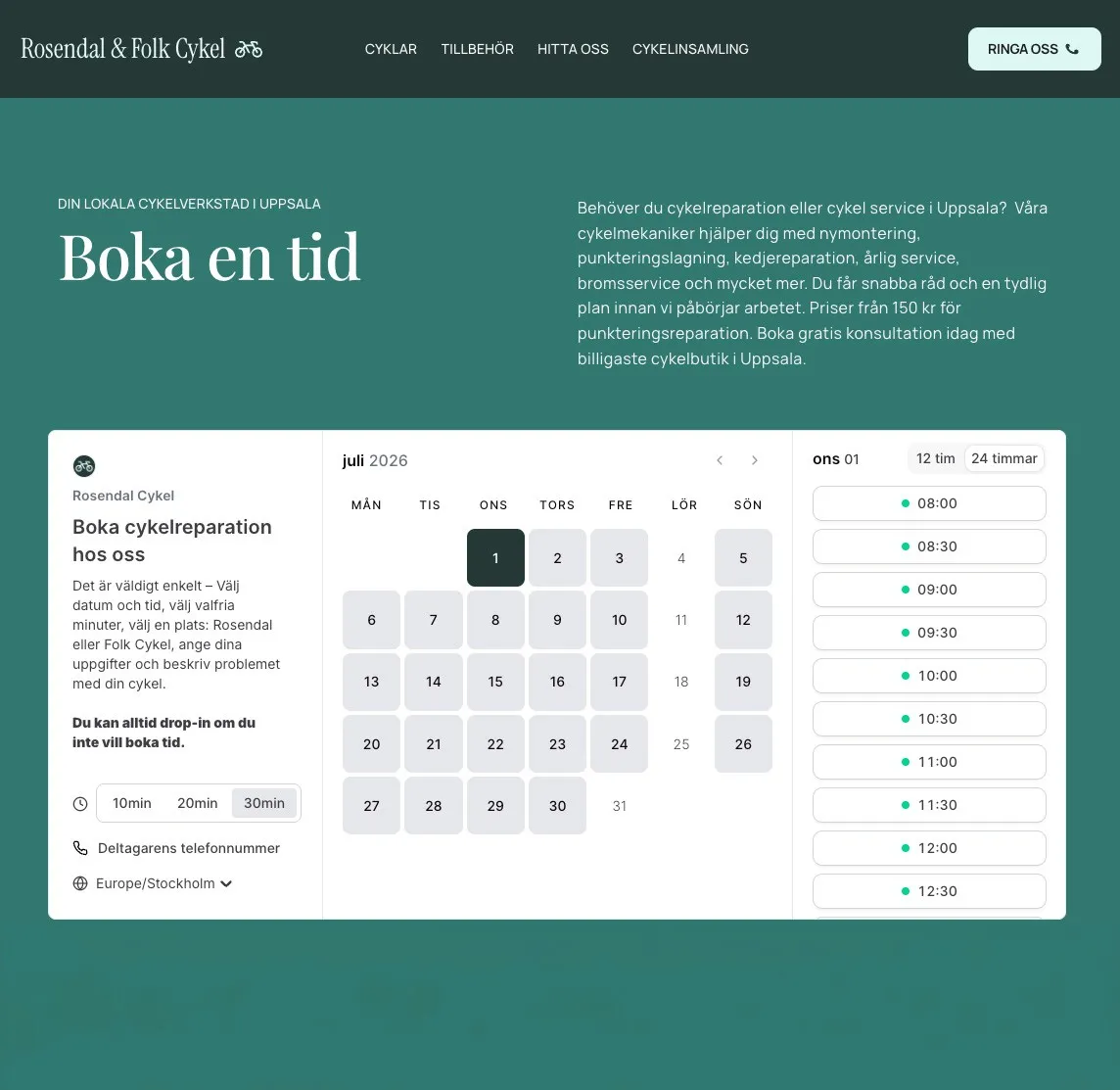 Rosendal & Folk Cykel website with the Boka en tid booking section