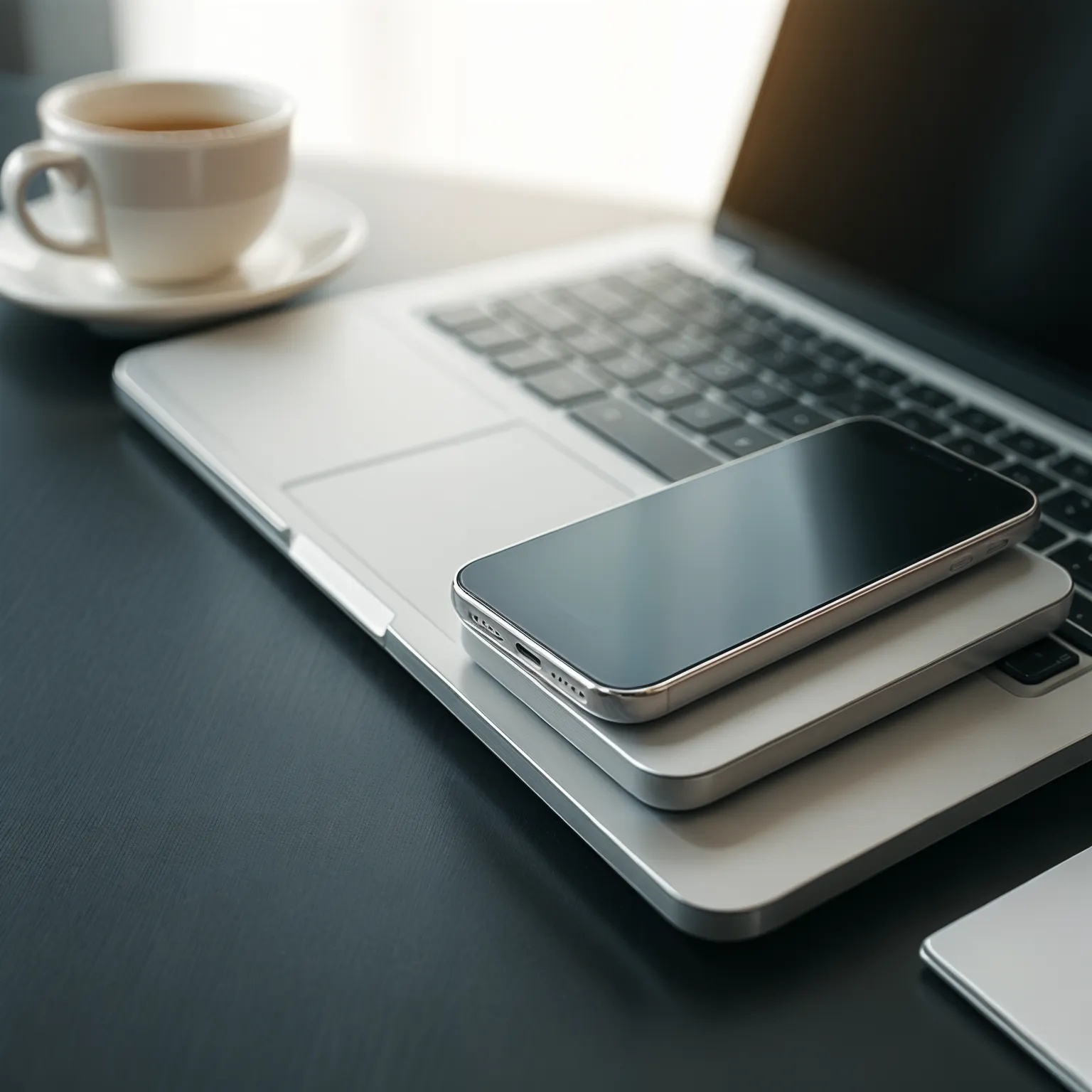 Stapel aus verschiedenen elektronischen Geräten, darunter Smartphone, Tablet und Laptop, die bei MacDoc Klagenfurt repariert werden