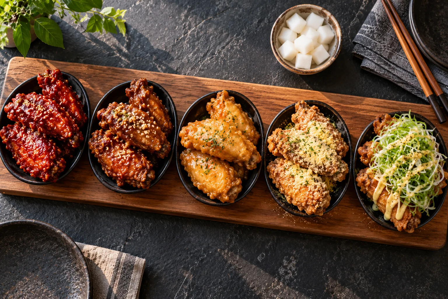 Five Korean chicken wing sauce styles on a wooden board