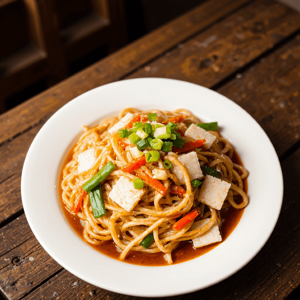 product photography of a plate of mixed noodles and vegetables