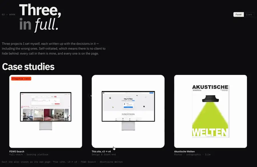 The portfolio site, the work grid with a card open under the pointer.