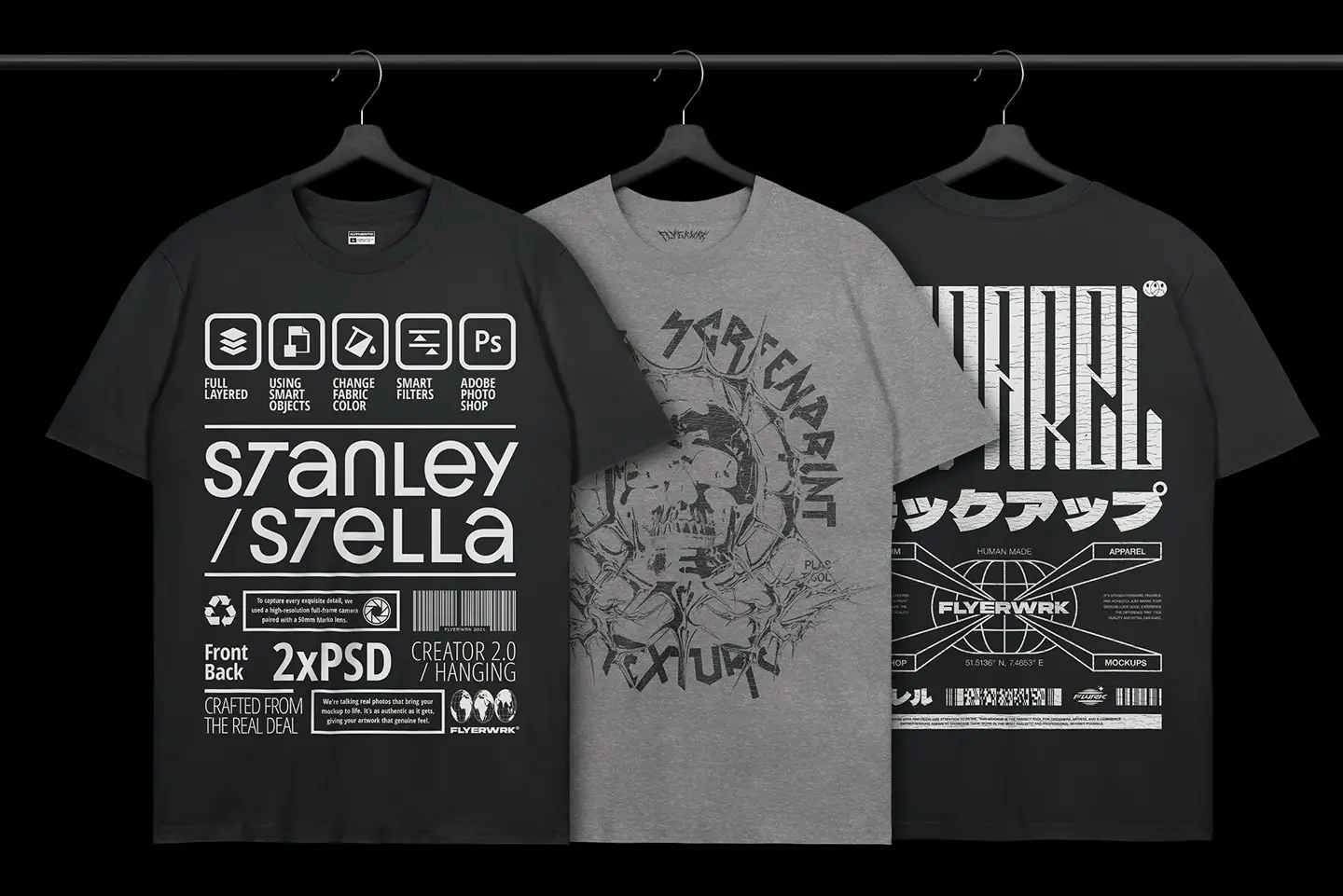 Stanley Stella Creator T-Shirt Hanging mockup with multiple design examples